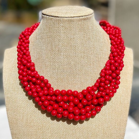 Twisted Multi Strand Red Lucite Pearl Necklace Spring Summer Vacation NWT - Picture 1 of 4